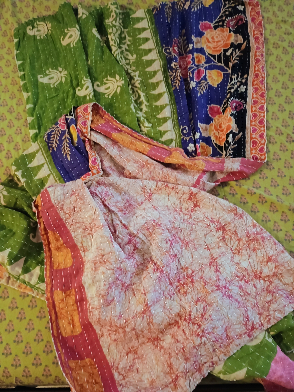 Handcrafted Multicolor Reversible Kantha Quilt – Pink, Green & Blue